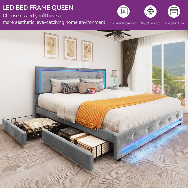 Brayden Studio® Queen Upholstered Storage Bed with Lighted Headboard